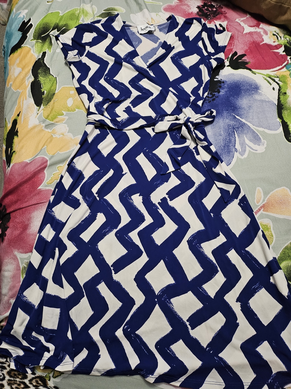Leota Blue & White Geometric Wrap Dress